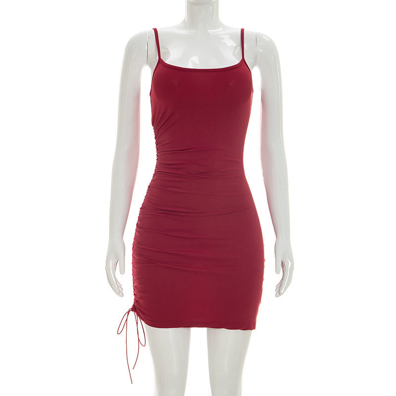 DZHT D26DS121 sling drawstring tight-fitting solid color sheath dress skirt
