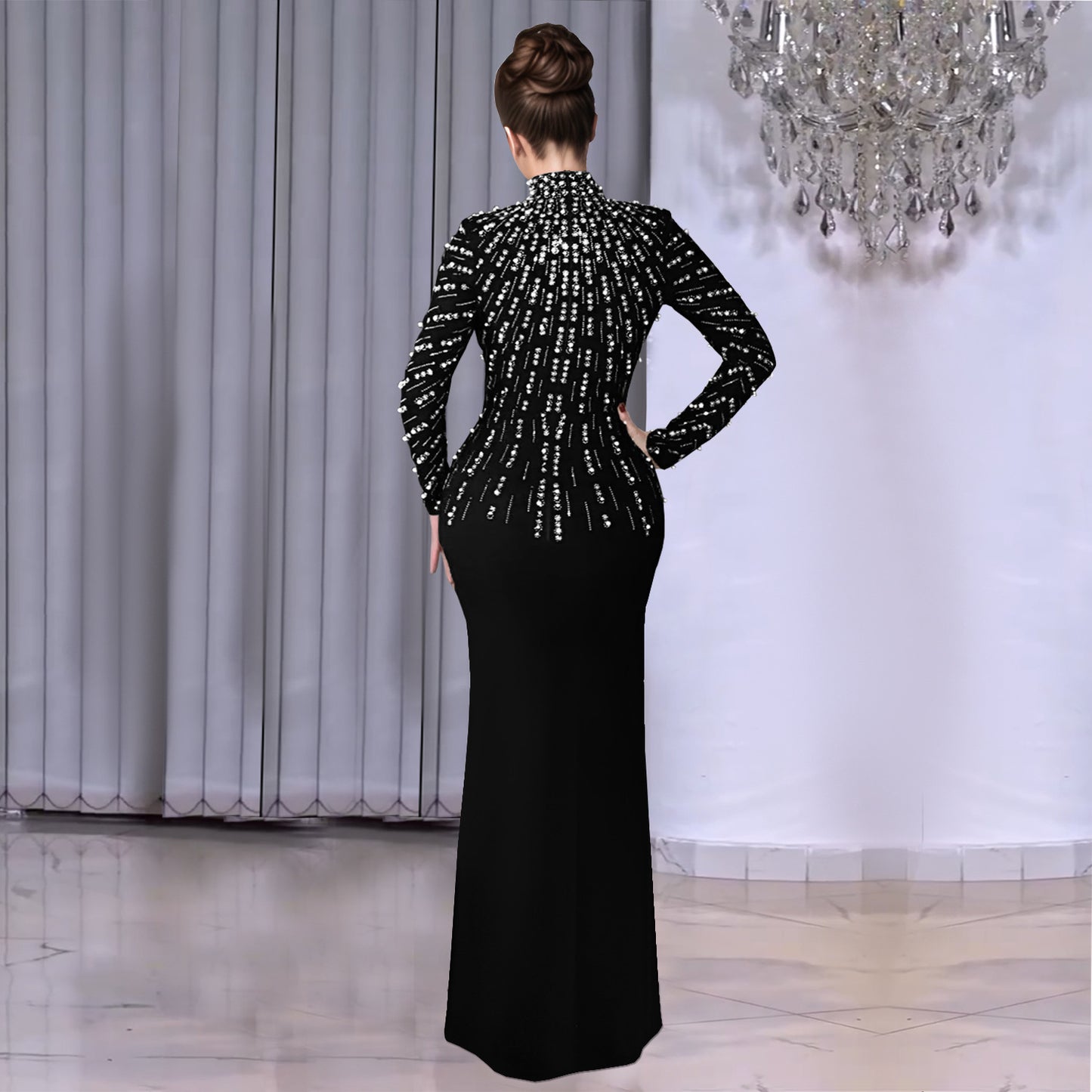 XYZ C7379 long sleeve beaded rhinestone arm covering dress