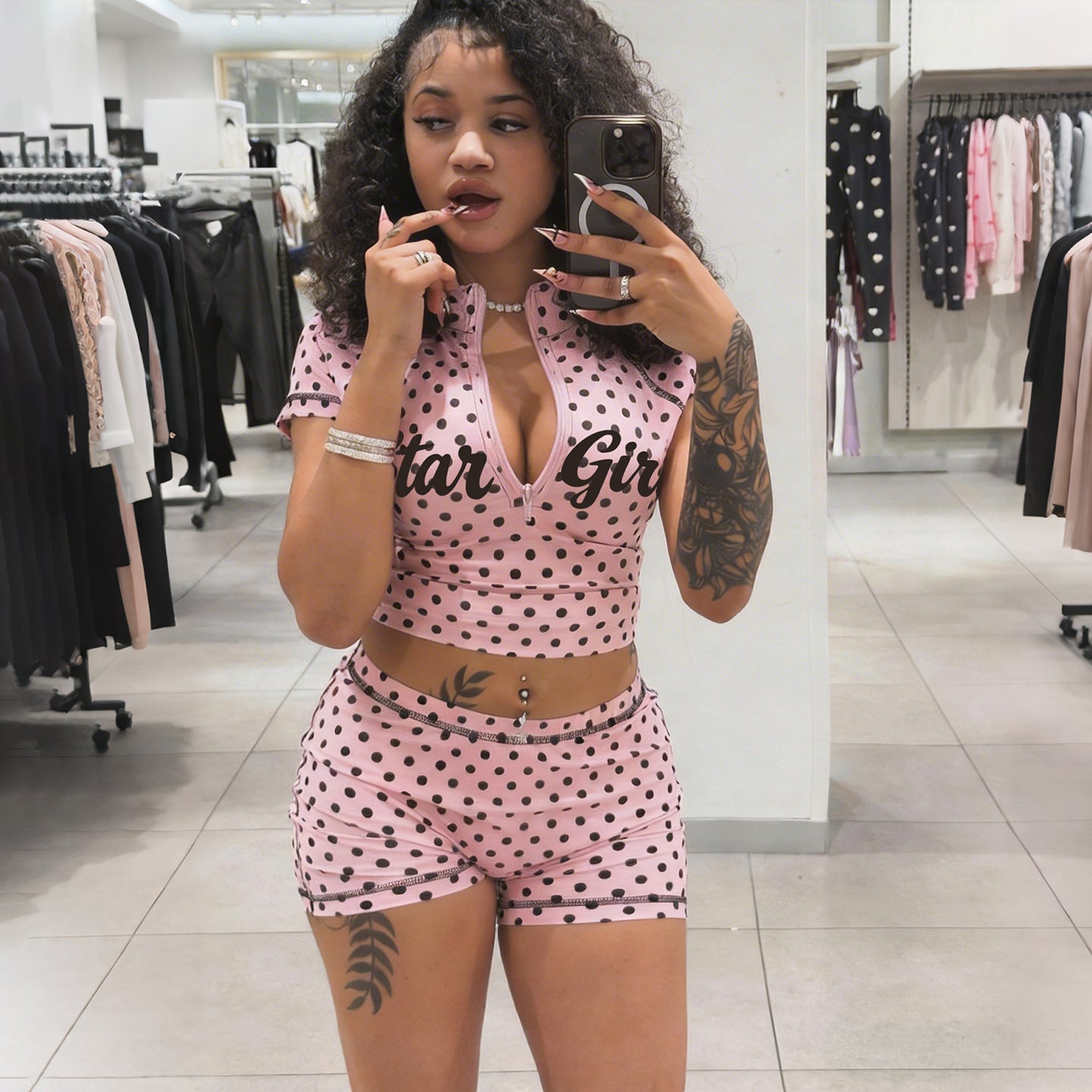 DLS summer polka dot print half collar zipper short top low waisted shorts suit