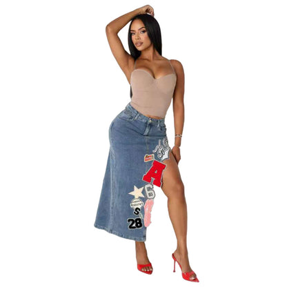 MZ (S-2XL) embroidered cropped denim skirt MZ88657 vintage stretch letter embroidered dress