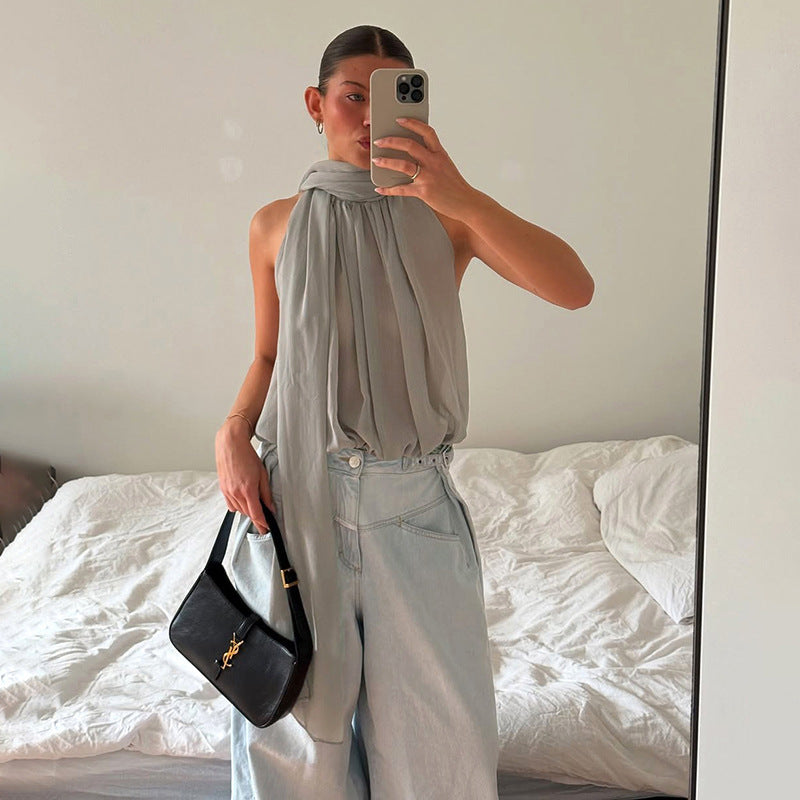DZHT D26TP029 halter sleeveless see-through ribbon Bud elegant chiffon top