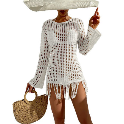 CYB beach cover-up knitted dress long sleeve all-match sun protection tassel dress