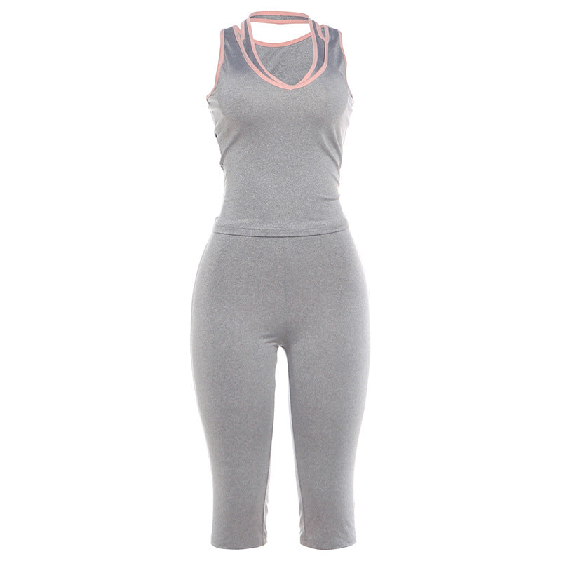 DLS summer fake two-piece sleeveless vest solid color slim fit slimming fifth pants suit