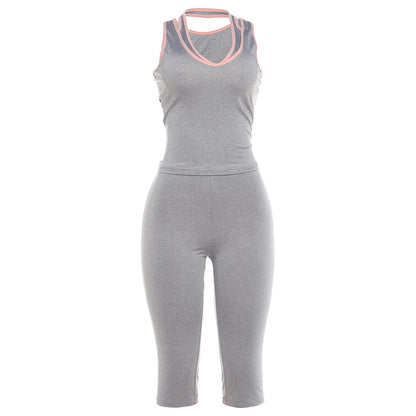 DLS summer fake two-piece sleeveless vest solid color slim fit slimming fifth pants suit