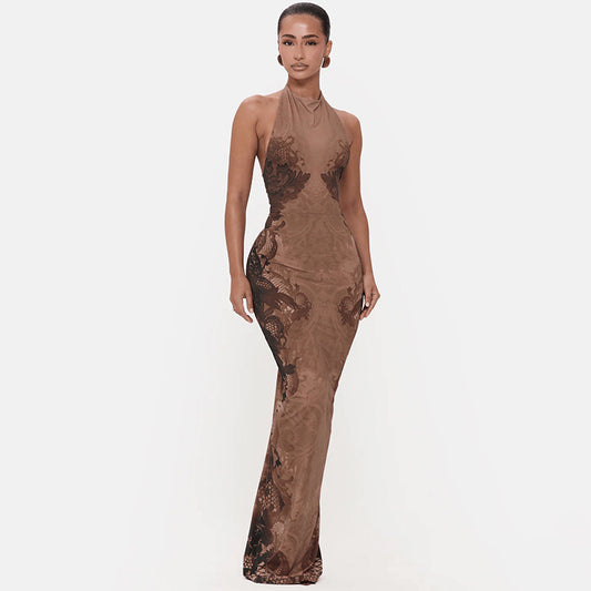 SXR spring slim-fitting sexy halter backless print dress
