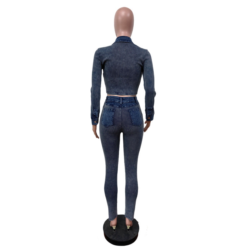 MZ (S-2XL) denim stitching washed MZ88648 elastic denim suit