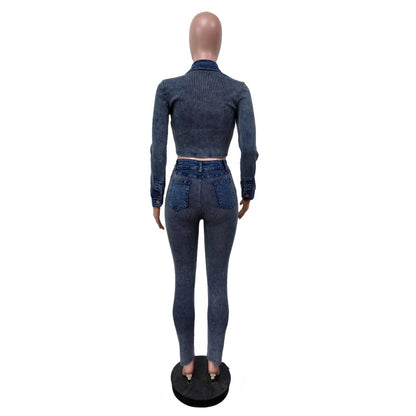 MZ (S-2XL) denim stitching washed MZ88648 elastic denim suit
