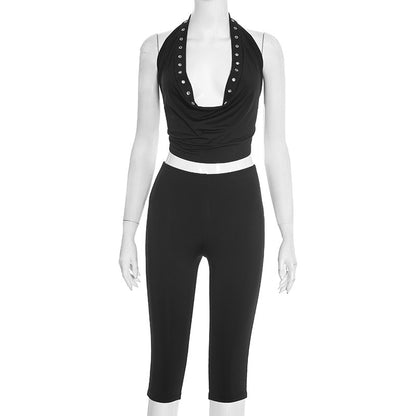 DZHT J25ST484 hollow-out decorative halter top cropped pants suit