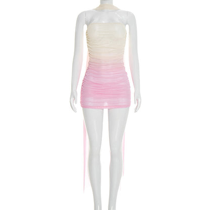 DZHT D26DS047 spring gradient printing mesh ribbon tube top tight dress