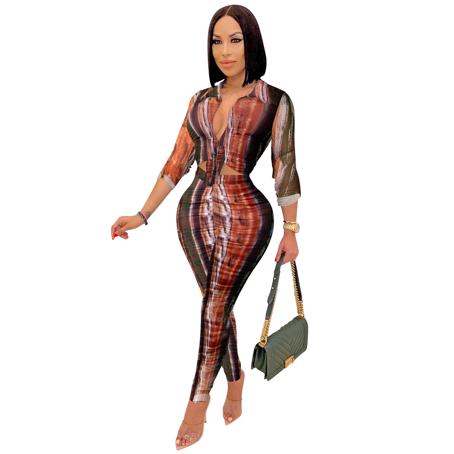 XYZ Digital printed V-neck long-sleeved trousers two-piece set