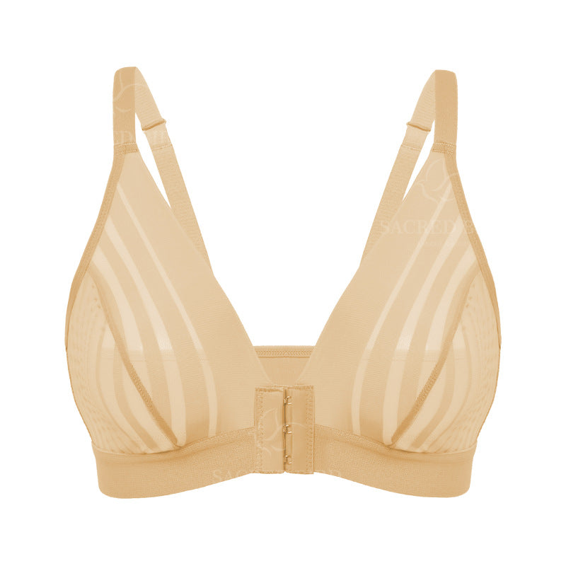 Lace stitching see-through thin sports underwear adjustable large size without steel ring front buckle breastfeeding gathering bra