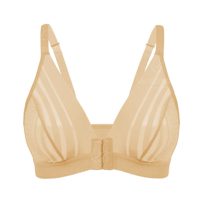 Lace stitching see-through thin sports underwear adjustable large size without steel ring front buckle breastfeeding gathering bra