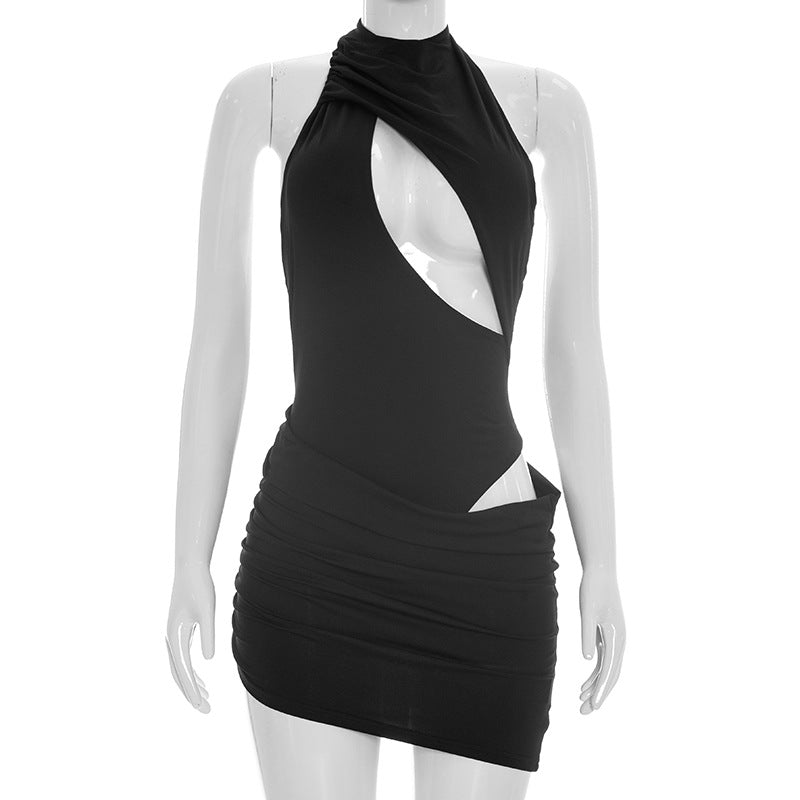 DZHT D26DS097 solid color false two-piece Cross Hollow sleeveless midriff outfit sheath jumpsuit skirt