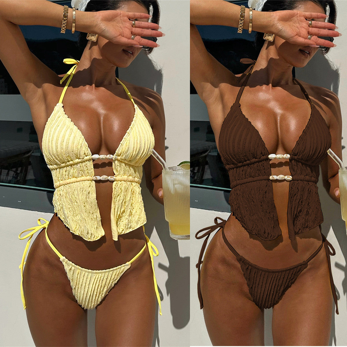 XM split swimsuit yellow lace-up bikini G339K