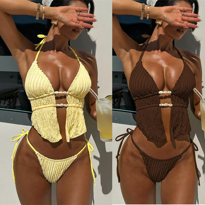 XM split swimsuit yellow lace-up bikini G339K