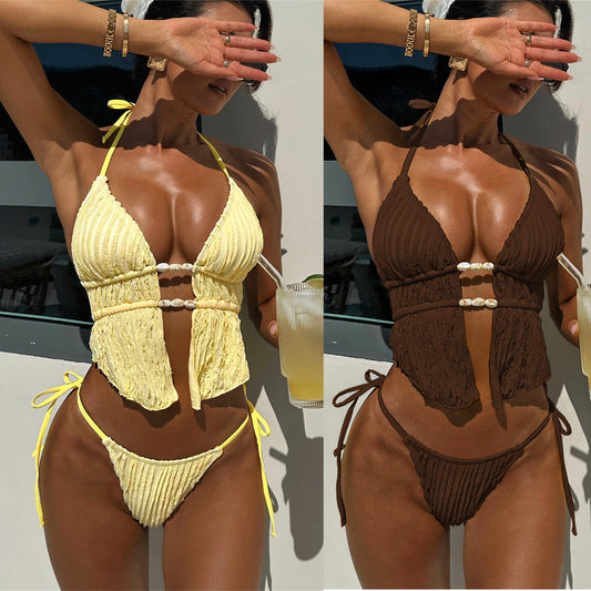 XM split swimsuit yellow lace-up bikini G339K