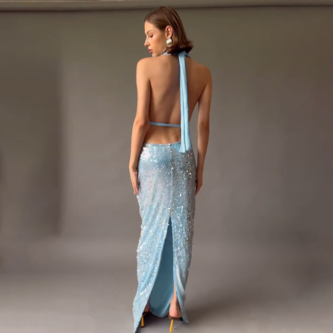 SXR winter sequined swing collar backless halter self-tie slit dress