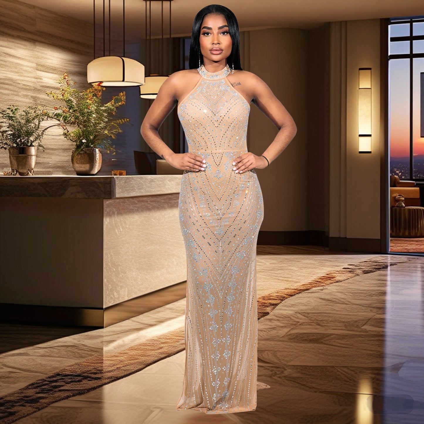 XYZ C6957 mesh rhinestone halter sheath dress