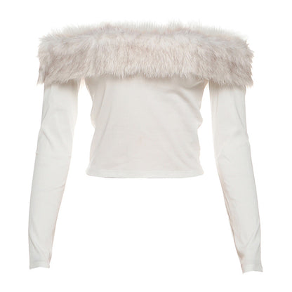 SXR autumn and winter cropped off-the-neck fur stitching color contrast long sleeve T-shirt top