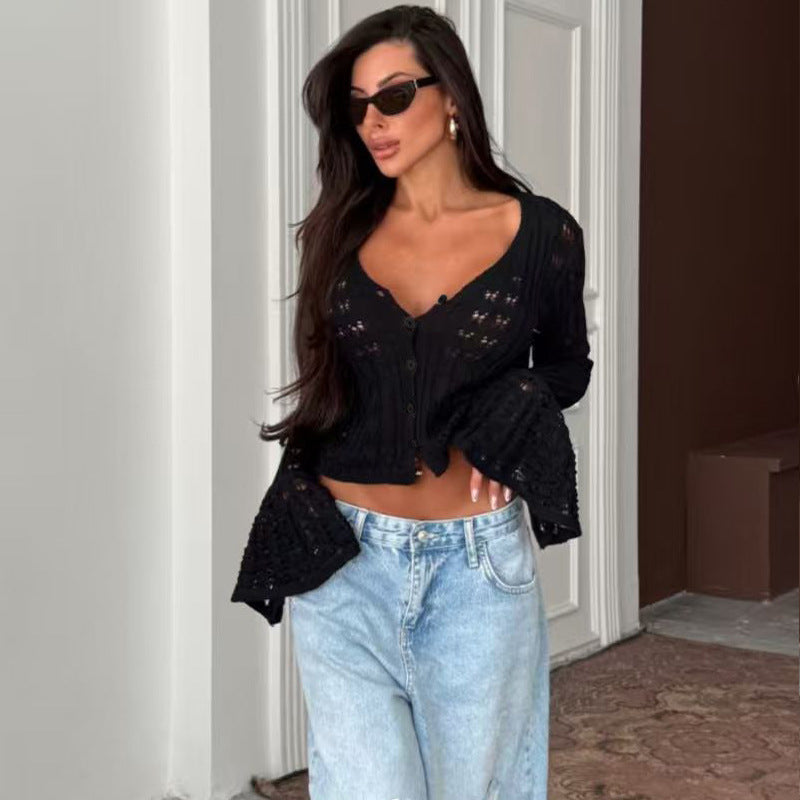 CYB knitted cardigan long sleeve V-neck French bell sleeve blouse