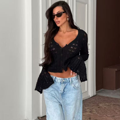 CYB knitted cardigan long sleeve V-neck French bell sleeve blouse