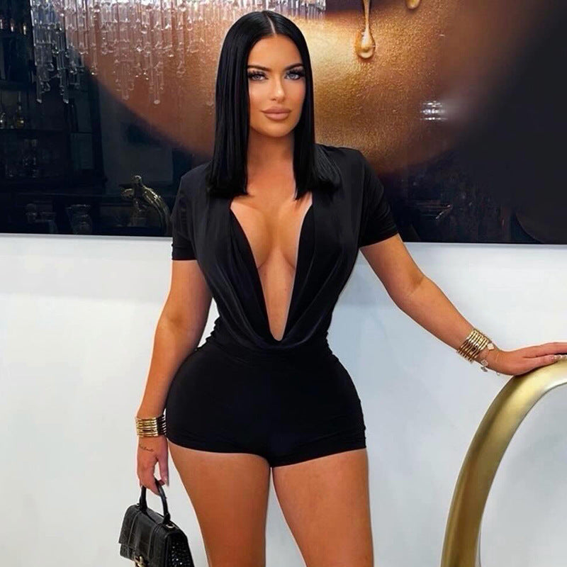 DZHT D25RP581 deep V swing collar short sleeve tight one-piece shorts