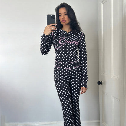 SXR autumn and winter polka dot letter print navel hooded jacket trousers suit