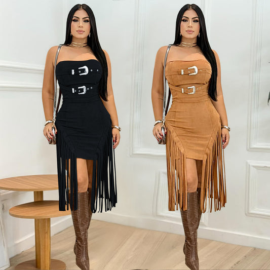 XYZ C7426 sleeveless tube top backless tassel dress