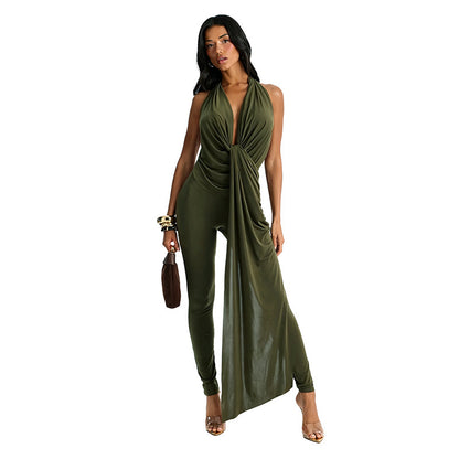DZHT Q26JP051 backless sleeveless deep V-neck solid color slim-fit halter one-piece trousers