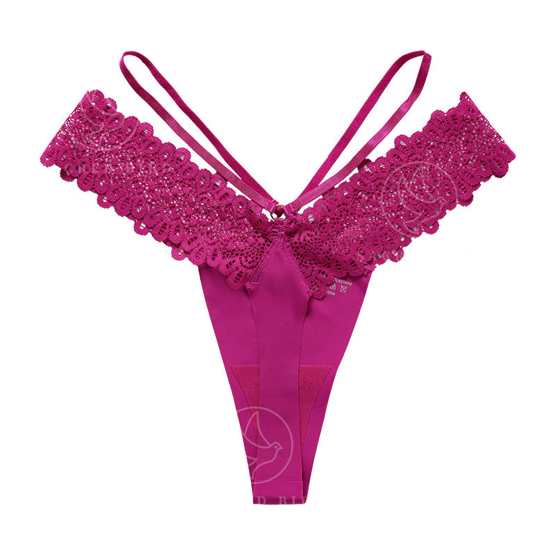 Lace stitching seamless ice silk cotton crotch large size thin belt T-shaped panties sports T-back