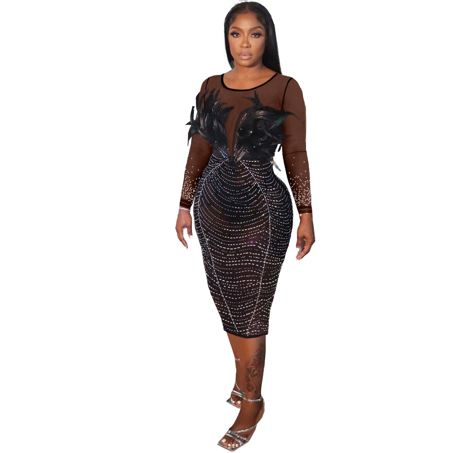 GY (S-3XL) K2798 feather rhinestone see-through long sleeve stitching hip dress