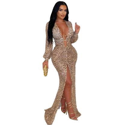 XYZ C7571 deep V leopard print split arm covering dress