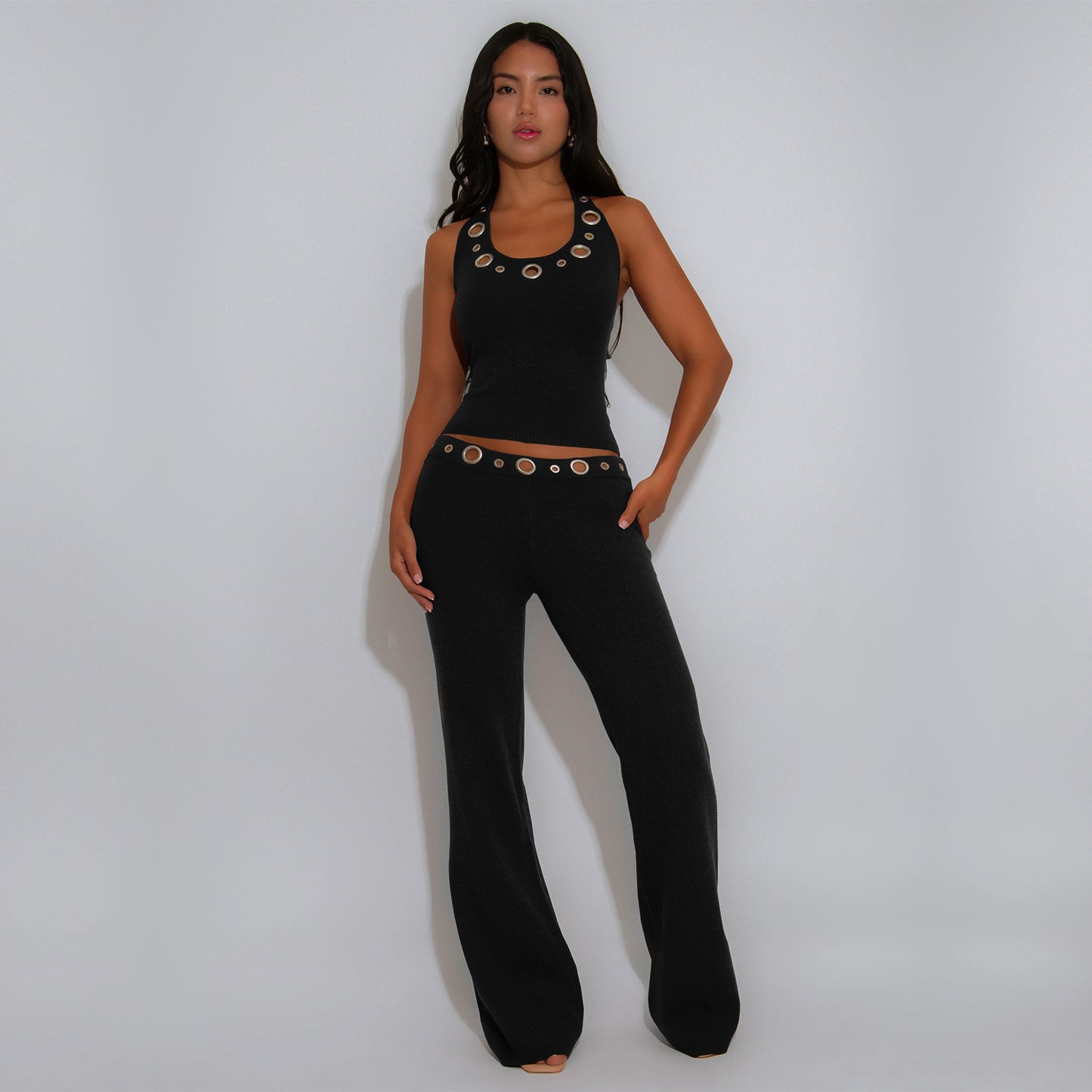 XYZ C7558 casual slim fit eyelet button top and trousers suit
