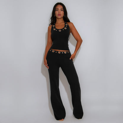 XYZ C7558 casual slim fit eyelet button top and trousers suit