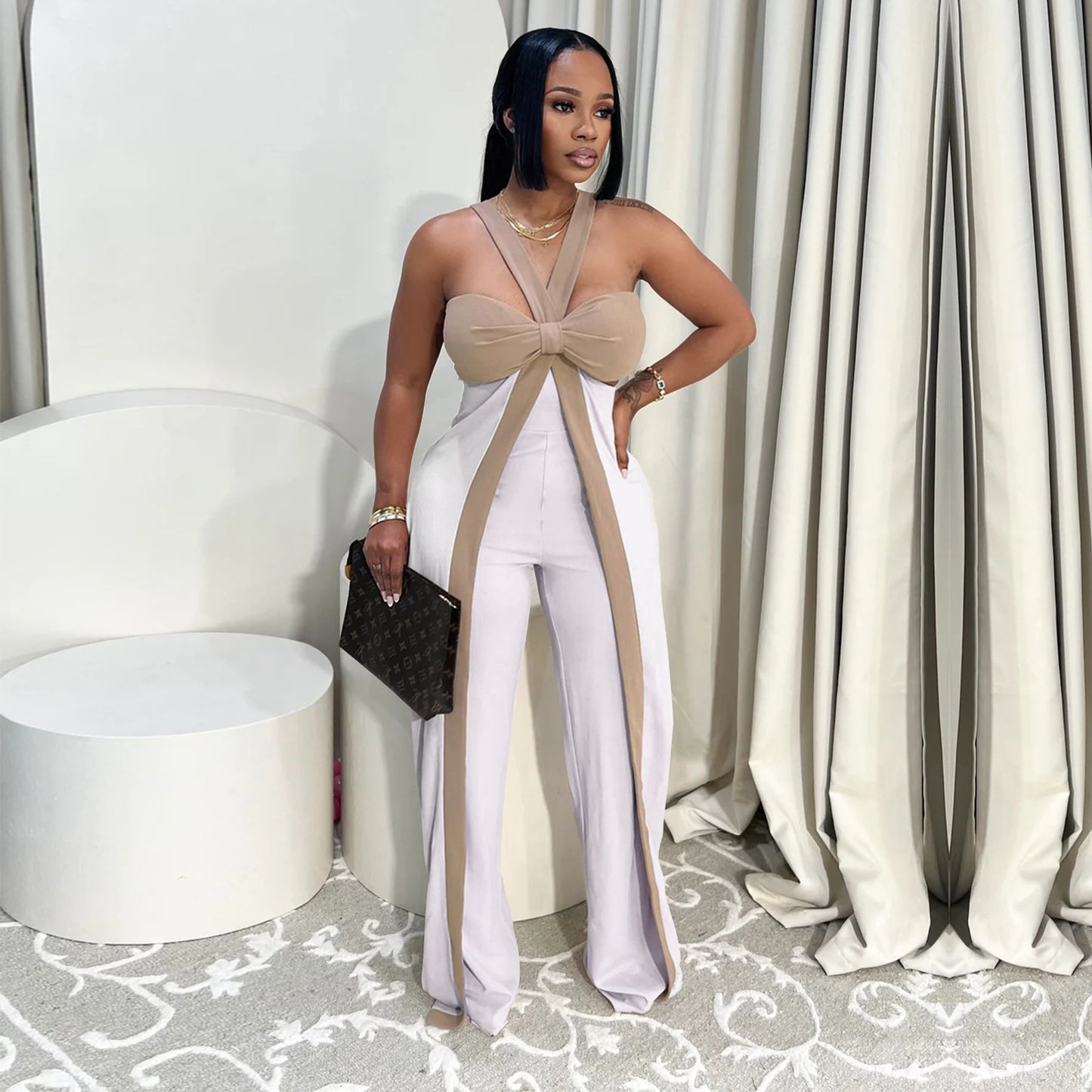 XYZ C7539 shoulder strap tube top casual wide leg jumpsuit