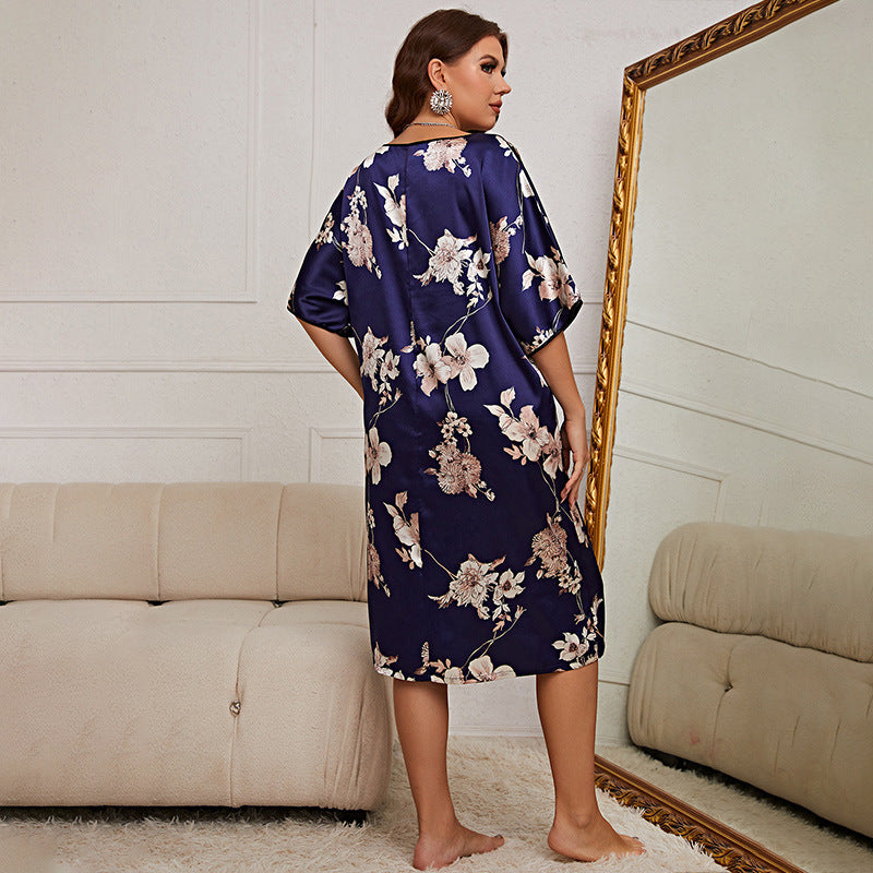 DNL large size mid-length dress with prints silk ice silk nightdress