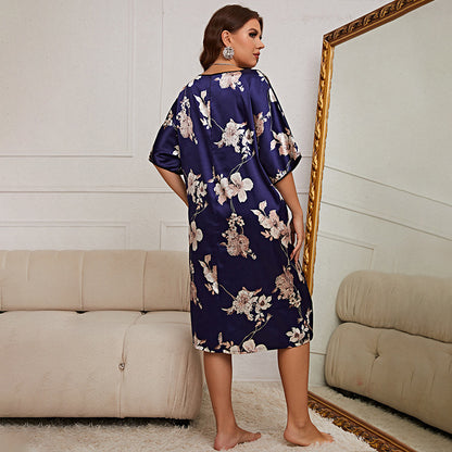 DNL large size mid-length dress with prints silk ice silk nightdress