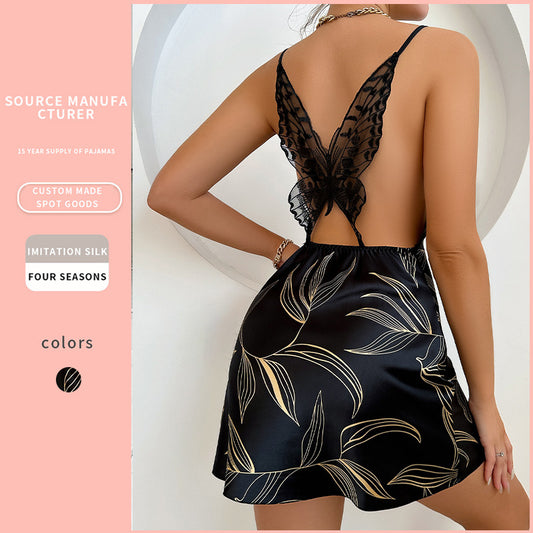 DNL backless nightdress sleeveless short V-neck cross slip dress artificial silk dress