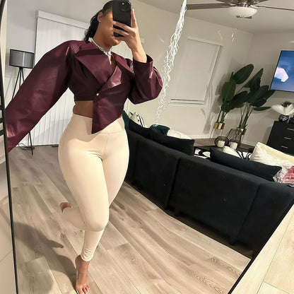 SXR summer fashion waist-controlled navel PU leather solid color casual jacket