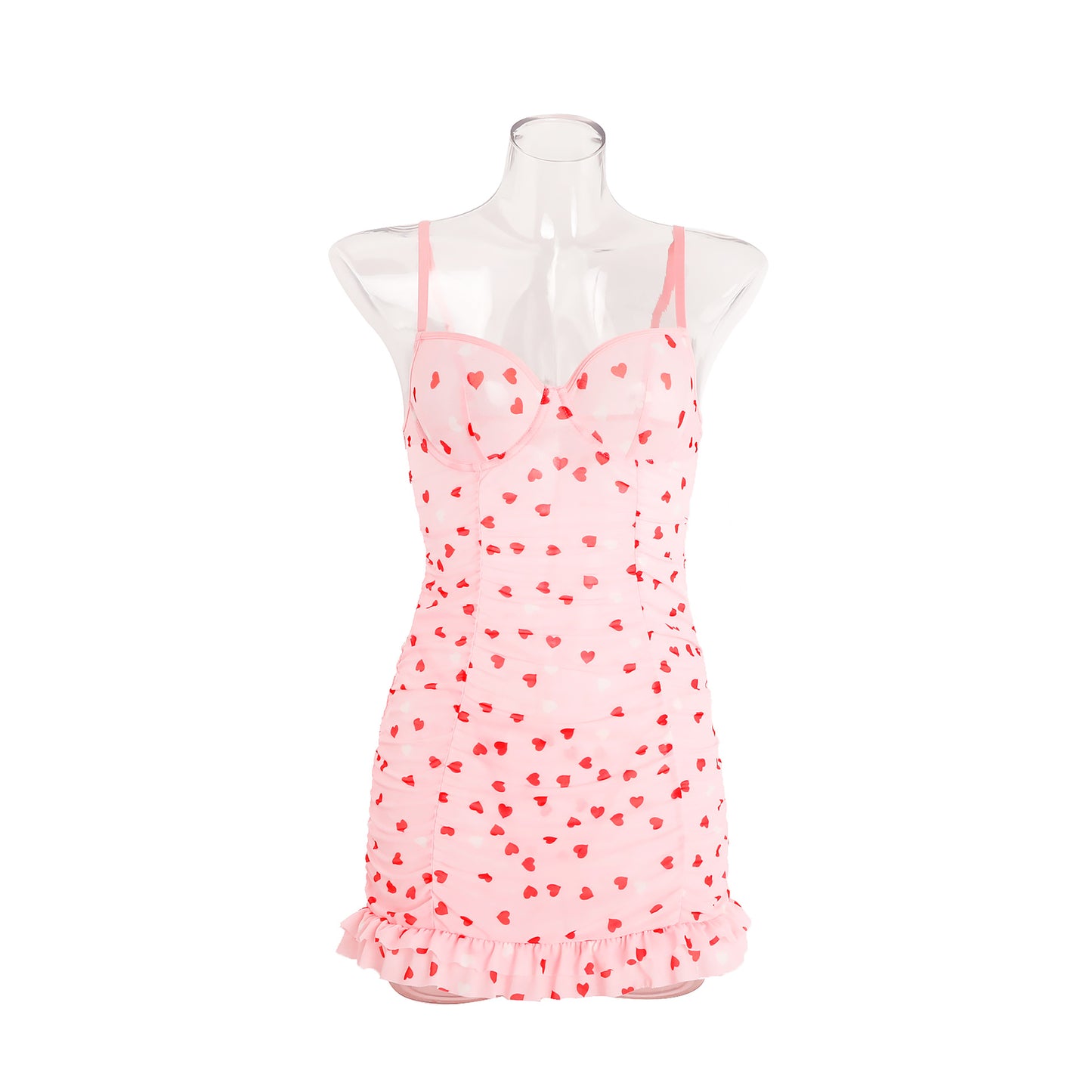 Sexy lingerie lace see-through heart printing nightdress T-back two-piece set