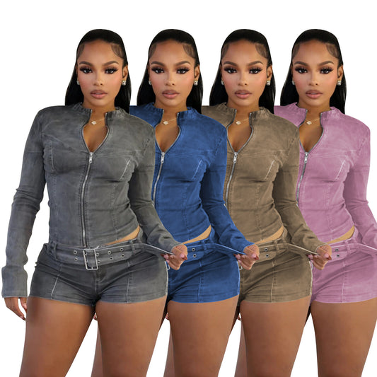 MZ (S-2XL) denim shorts MZ88616 long sleeve stretch shorts belt suit