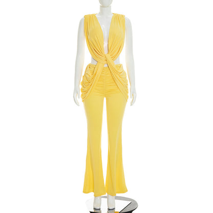 DZHT J26JP194 solid color layered draping effect low collar sleeveless one-piece trousers