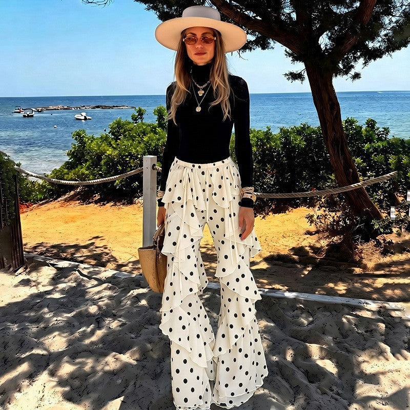 DLS lace-up stitching polka dot printed ruffled bootcut pants