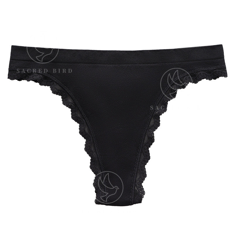 Lace stitching seamless large size lightweight breathable yoga invisible T-shaped cotton crotch T-back