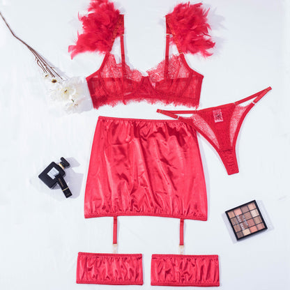 Lingerie red feather lace garter steel ring sexy Lingerie for women body shaping two-piece suits