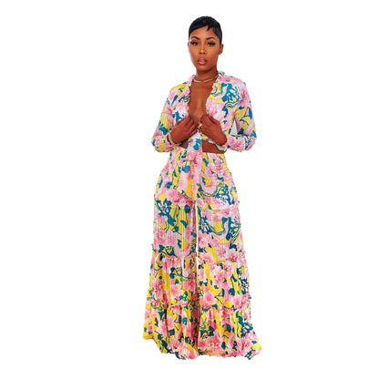 GY (L-3XL) K2749 wide leg pleated smocking lace band plus size long-sleeve suit two-piece set