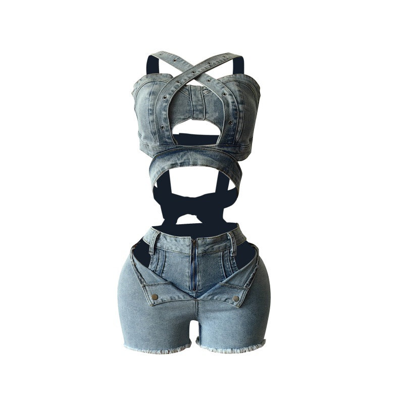 MZ (S-2XL) denim vest shorts MZ88637 tube top bandage stretch shorts suit