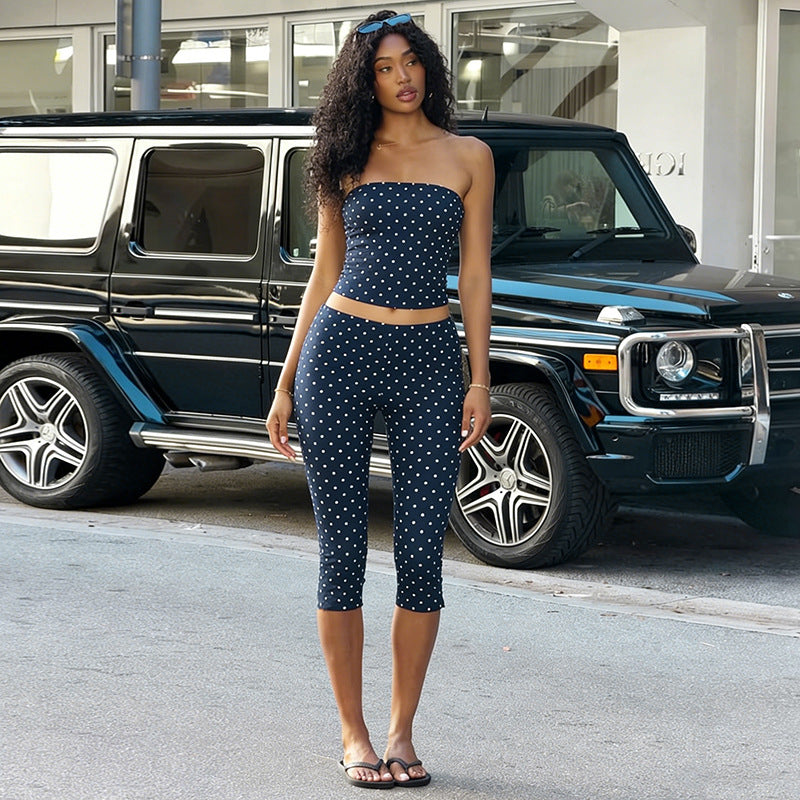 DZHT J26ST120 polka dot print tube top tight cropped pants two-piece suit