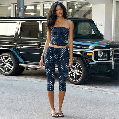 DZHT J26ST120 polka dot print tube top tight cropped pants two-piece suit