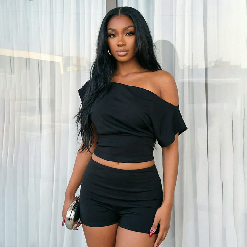 DZHT J26ST267 solid color slim fit fashion shoulder-baring short sleeve shorts suit